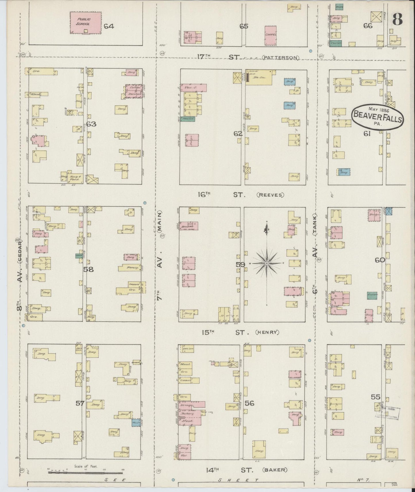 Sanborn Fire Insurance Map from Beaver Falls, Beaver County, Pennsylvania (1886), Sheet #0008 - Historic Sanborn Fire Insurance Map Print, vintage old map wall art, antique decor, genealogy gift, Pennsylvania Pennsylvania map