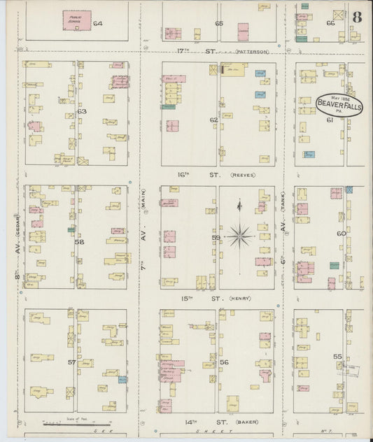 Sanborn Fire Insurance Map from Beaver Falls, Beaver County, Pennsylvania (1886), Sheet #0008 - Historic Sanborn Fire Insurance Map Print, vintage old map wall art, antique decor, genealogy gift, Pennsylvania Pennsylvania map