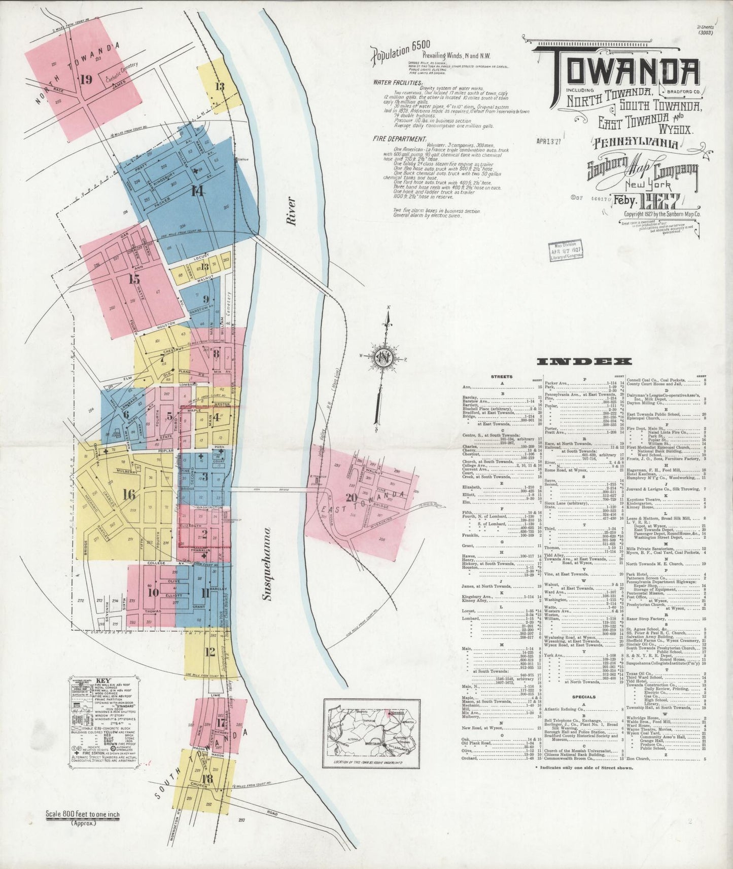 Sanborn Fire Insurance Map from Towanda, Bradford County, Pennsylvania (1927), Sheet #0001 - Complete Map Set gallery image, historic Sanborn map, vintage wall art, Pennsylvania Pennsylvania