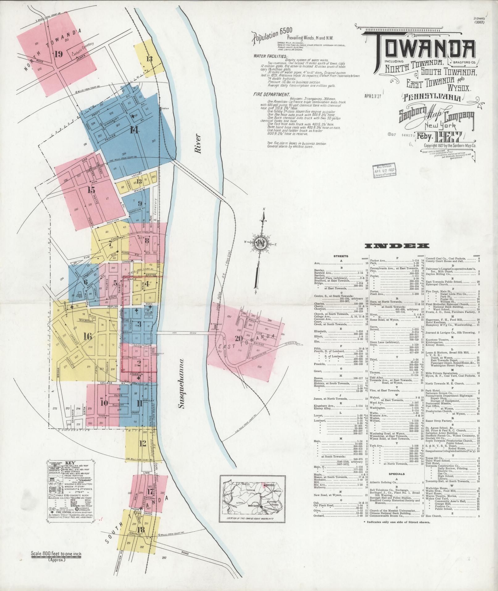 Sanborn Fire Insurance Map from Towanda, Bradford County, Pennsylvania (1927), Sheet #0001 - Complete Map Set gallery image, historic Sanborn map, vintage wall art, Pennsylvania Pennsylvania