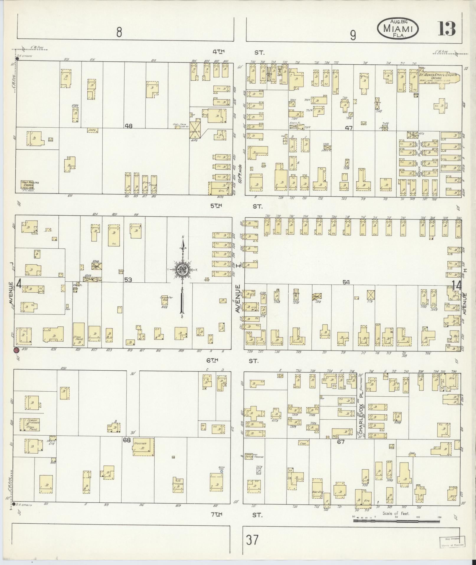 Sanborn Fire Insurance Map from Miami, Dade County, Florida (1914), Sheet #0013 - Complete Map Set gallery image, historic Sanborn map, vintage wall art, Florida Florida