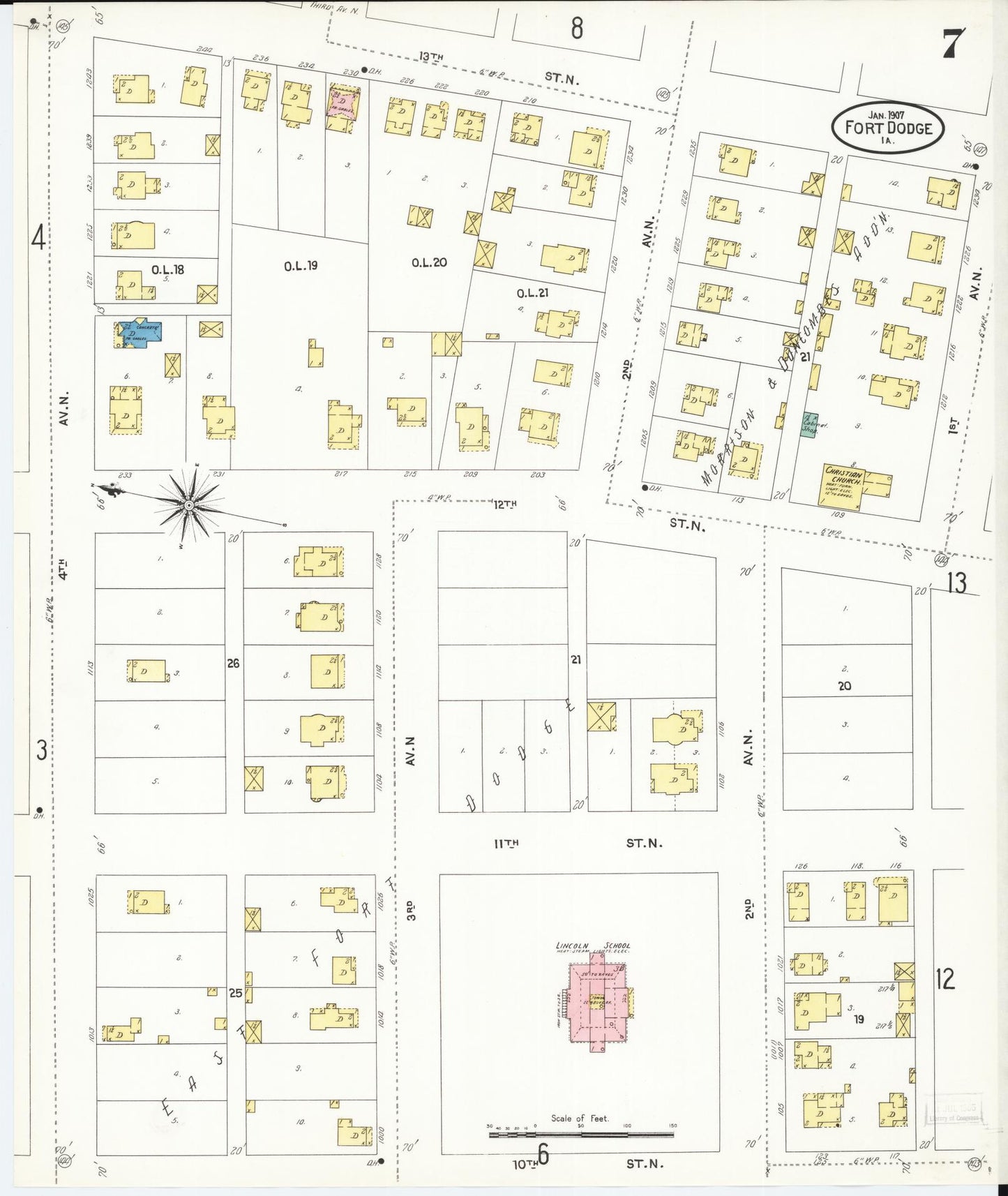 Sanborn Fire Insurance Map from Fort Dodge, Webster County, Iowa (1907), Sheet #0007 - Historic Sanborn Fire Insurance Map Print, vintage old map wall art