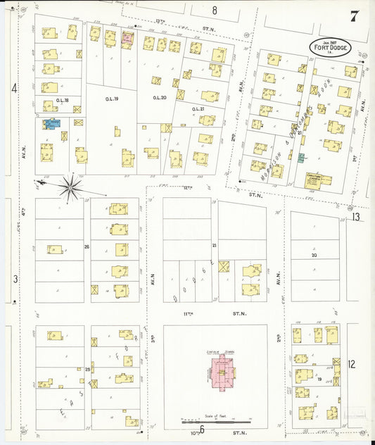 Sanborn Fire Insurance Map from Fort Dodge, Webster County, Iowa (1907), Sheet #0007 - Historic Sanborn Fire Insurance Map Print, vintage old map wall art