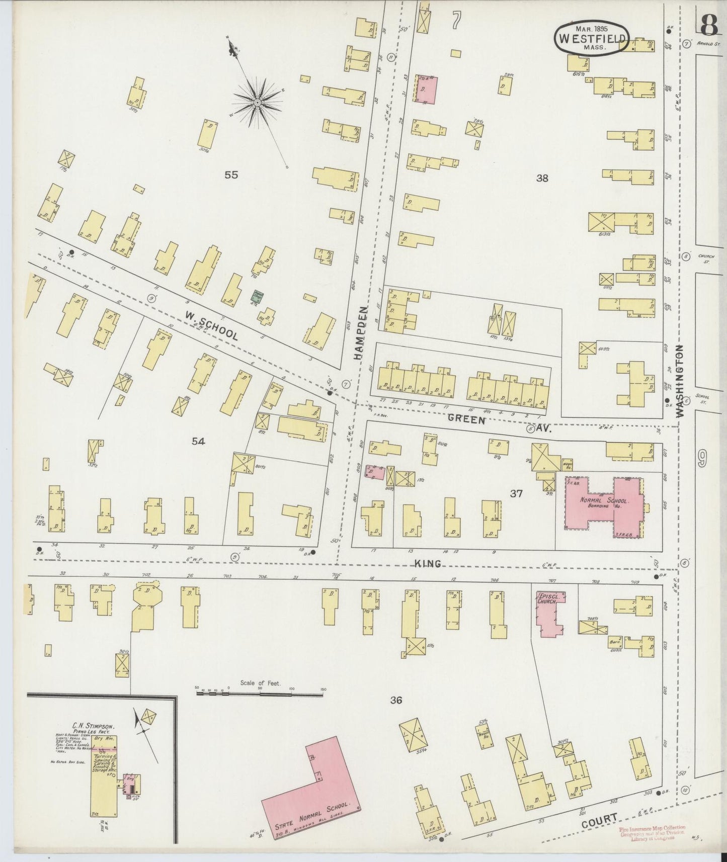 Sanborn Fire Insurance Map from Westfield, Hampden County, Massachusetts (1895), Sheet #0008 - Complete Map Set gallery image, historic Sanborn map, vintage wall art, Massachusetts Massachusetts