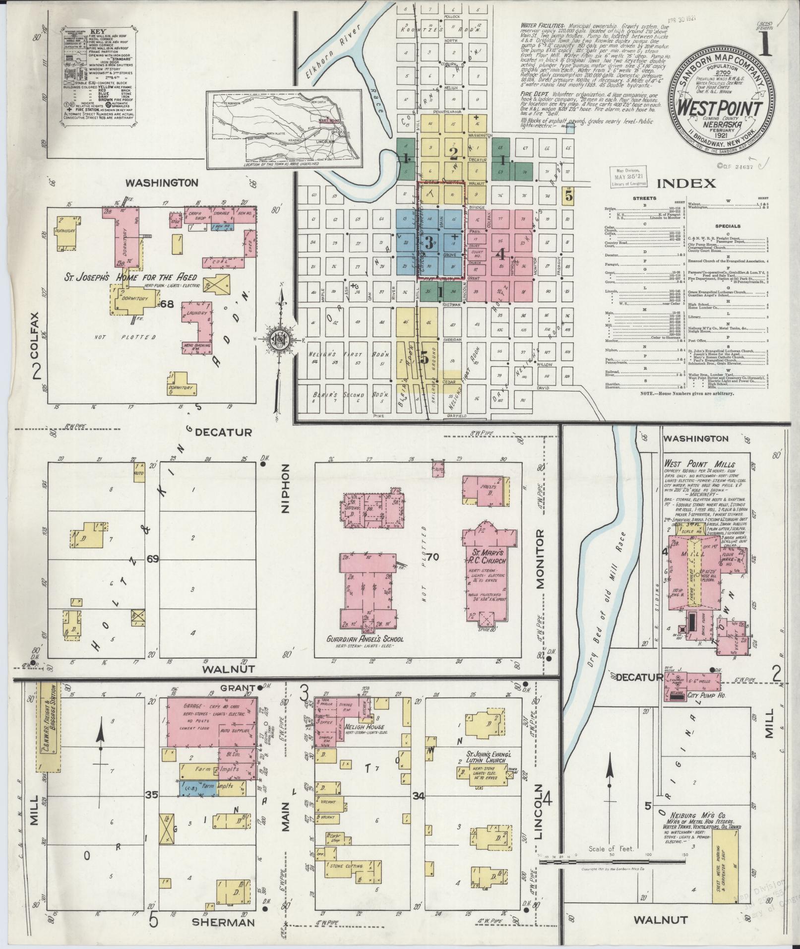 Sanborn Fire Insurance Map from West Point, Cuming County, Nebraska (1921), Sheet #0001 - Historic Sanborn Fire Insurance Map Print, vintage old map wall art, antique decor, genealogy gift, Nebraska Nebraska map
