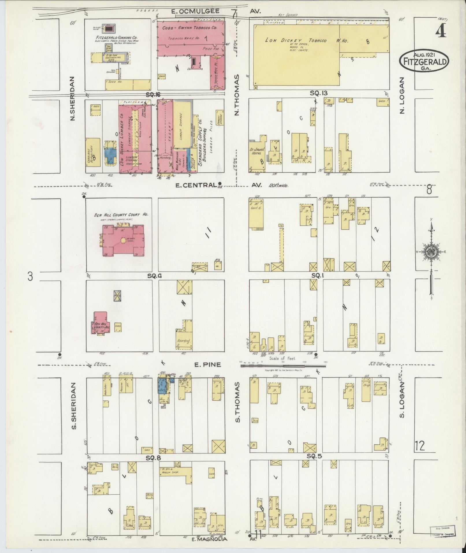 Sanborn Fire Insurance Map from Fitzgerald, Ben Hill County, Georgia (1921), Sheet #0004 - Complete Map Set gallery image, historic Sanborn map, vintage wall art, Georgia Georgia