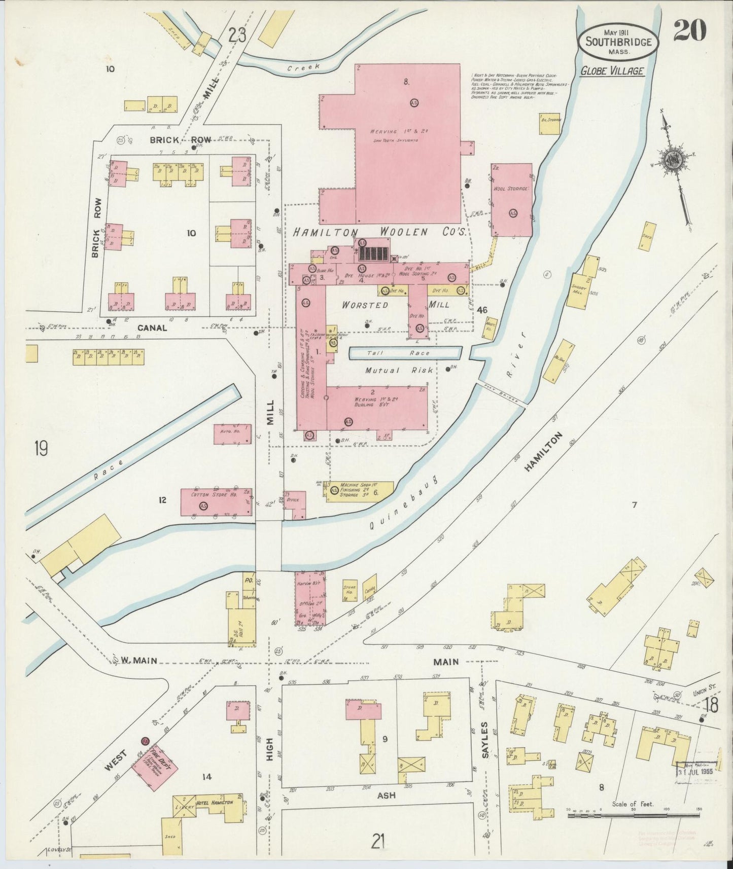 Sanborn Fire Insurance Map from Southbridge, Worcester County, Massachusetts (1911), Sheet #0020 - Historic Sanborn Fire Insurance Map Print, vintage old map wall art, antique decor, genealogy gift, Massachusetts Massachusetts map