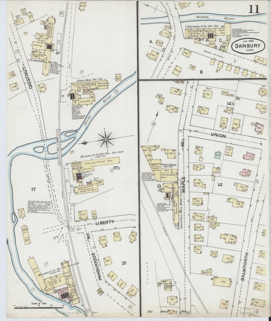Sanborn Fire Insurance Map from Danbury, Fairfield County, Connecticut (1889), Sheet #0011 - Historic Sanborn Fire Insurance Map Print, vintage old map wall art, antique decor, genealogy gift, Connecticut Connecticut map