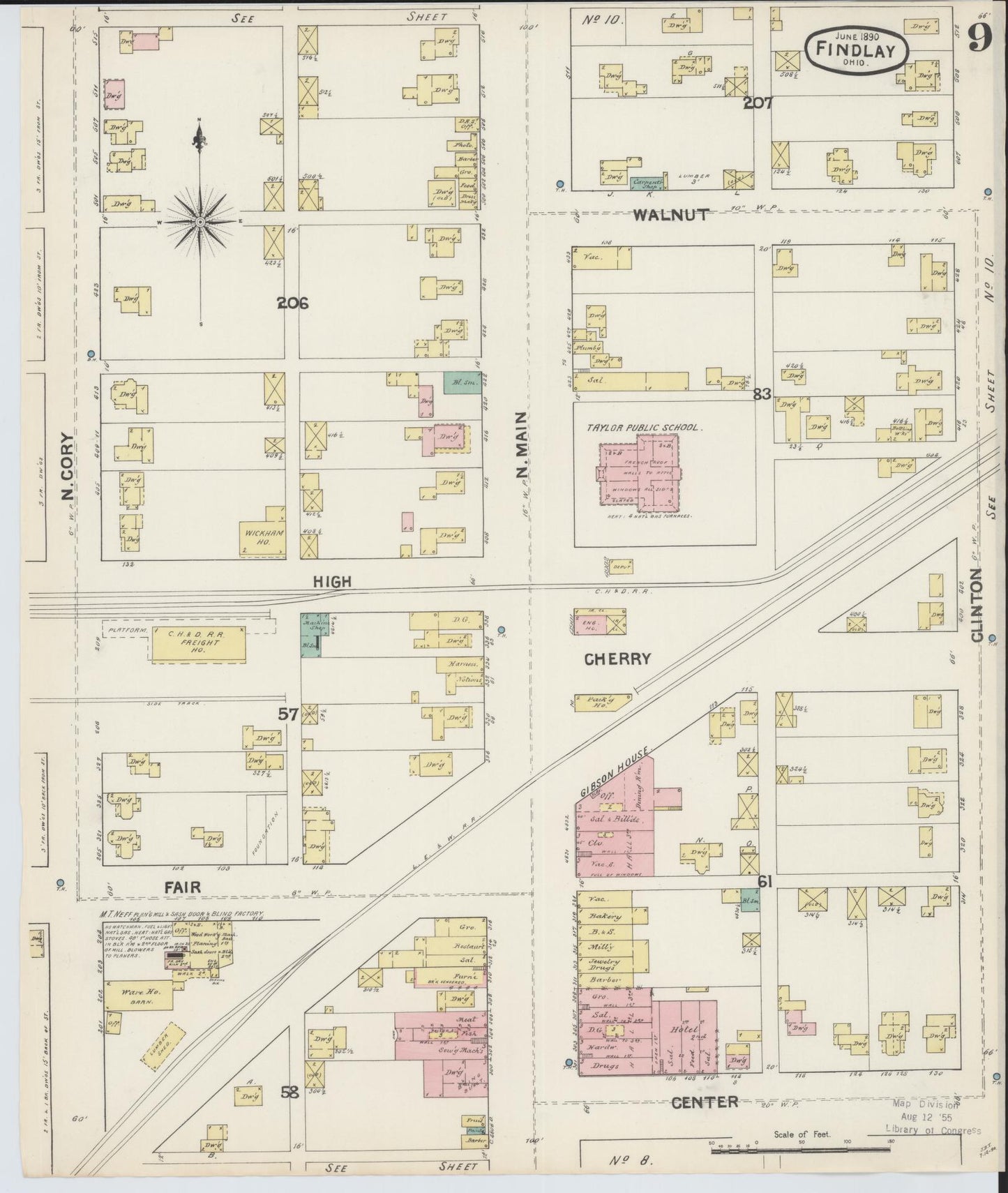 Sanborn Fire Insurance Map from Findlay, Hancock County, Ohio (1890), Sheet #0009 - Historic Sanborn Fire Insurance Map Print, vintage old map wall art, antique decor, genealogy gift, Ohio Ohio map