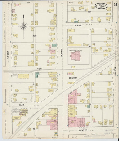 Sanborn Fire Insurance Map from Findlay, Hancock County, Ohio (1890), Sheet #0009 - Historic Sanborn Fire Insurance Map Print, vintage old map wall art, antique decor, genealogy gift, Ohio Ohio map