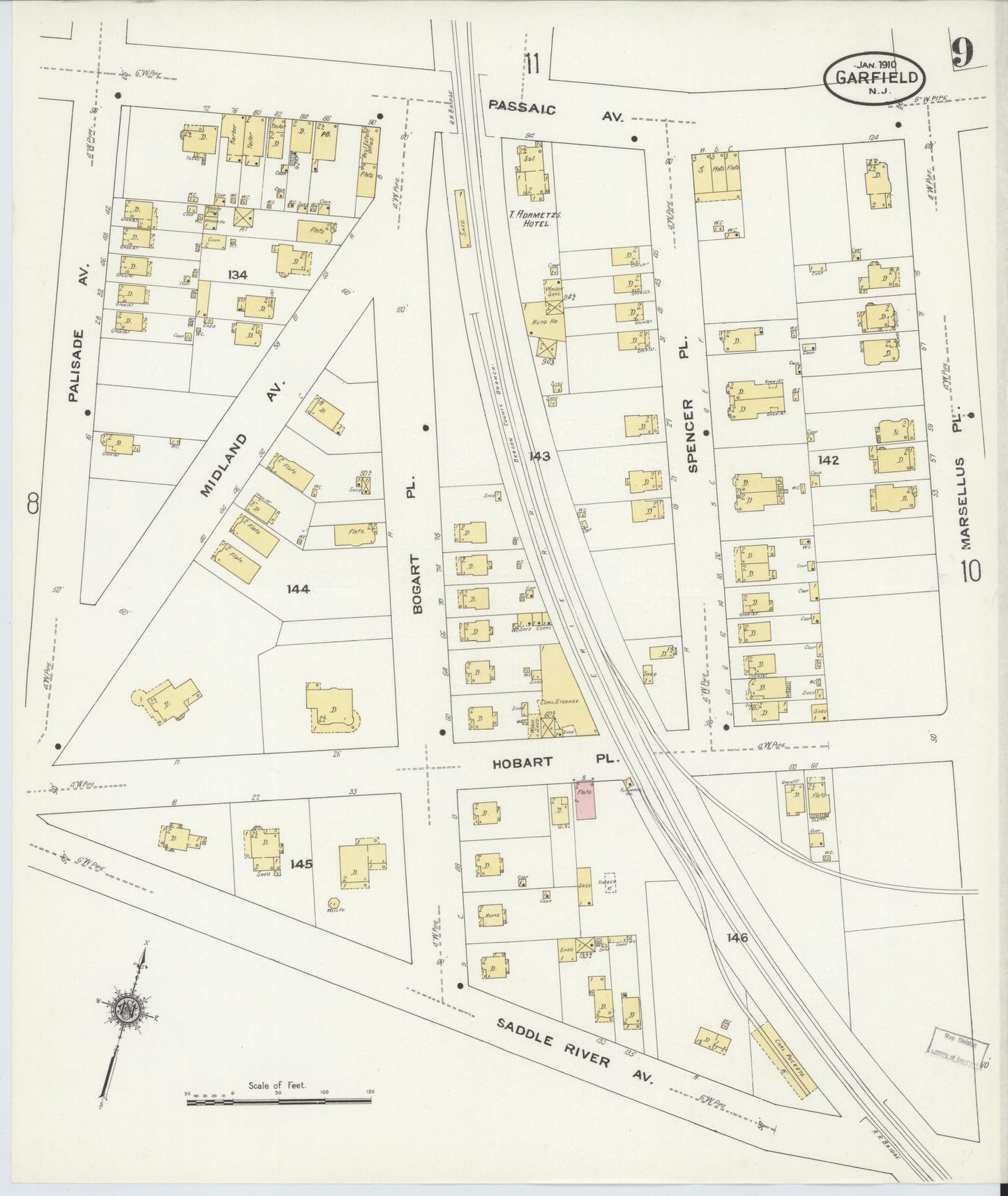 Sanborn Fire Insurance Map from Garfield, Bergen County, New Jersey (1910), Sheet #0009 - Historic Sanborn Fire Insurance Map Print, vintage old map wall art, antique decor, genealogy gift, New Jersey New Jersey map