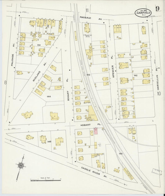 Sanborn Fire Insurance Map from Garfield, Bergen County, New Jersey (1910), Sheet #0009 - Historic Sanborn Fire Insurance Map Print, vintage old map wall art, antique decor, genealogy gift, New Jersey New Jersey map