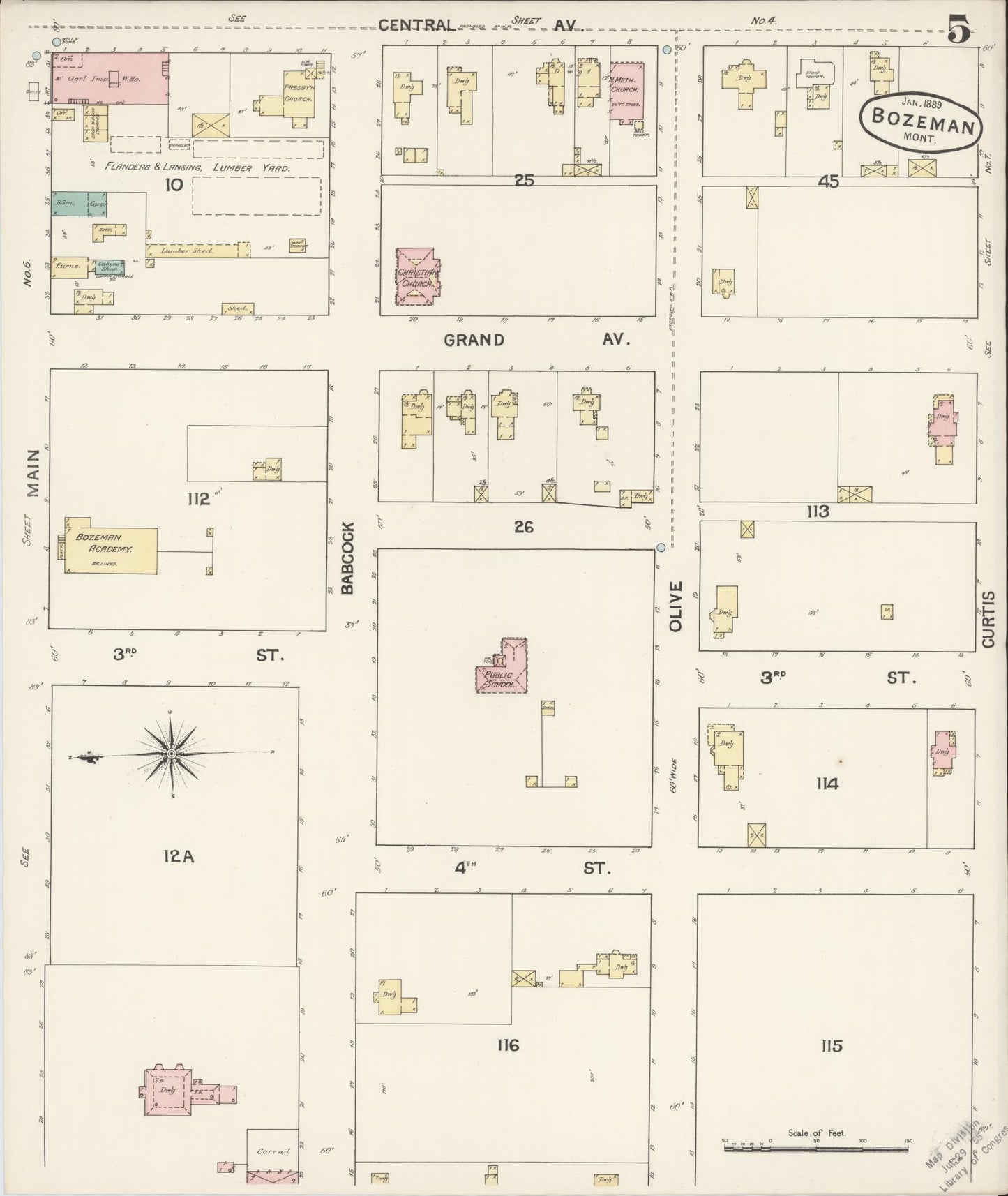 Sanborn Fire Insurance Map from Bozeman, Gallatin County, Montana (1889), Sheet #0005 - Historic Sanborn Fire Insurance Map Print, vintage old map wall art, antique decor, genealogy gift, Montana Montana map