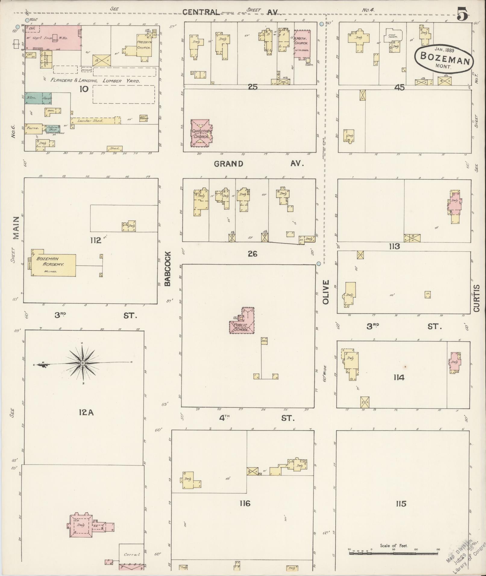 Sanborn Fire Insurance Map from Bozeman, Gallatin County, Montana (1889), Sheet #0005 - Historic Sanborn Fire Insurance Map Print, vintage old map wall art, antique decor, genealogy gift, Montana Montana map