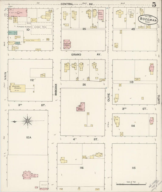 Sanborn Fire Insurance Map from Bozeman, Gallatin County, Montana (1889), Sheet #0005 - Historic Sanborn Fire Insurance Map Print, vintage old map wall art, antique decor, genealogy gift, Montana Montana map