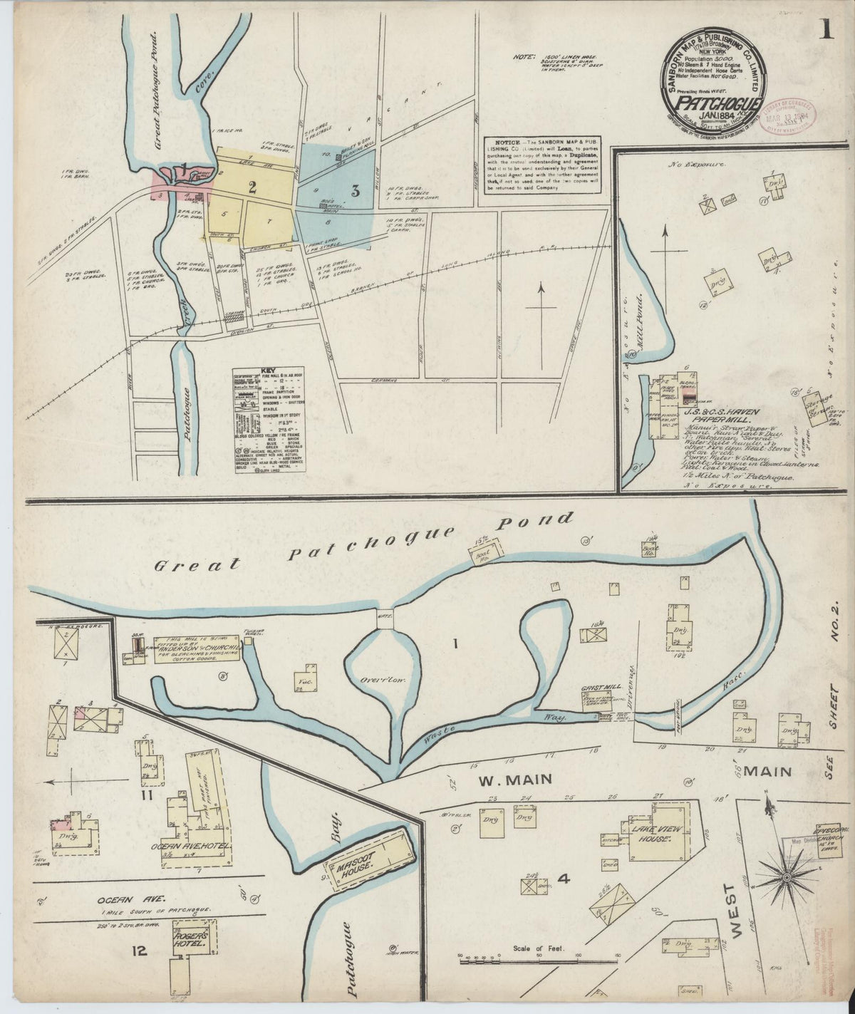 Sanborn Fire Insurance Map from Patchogue, Suffolk County, New York (1884), Sheet #0001 - Historic Sanborn Fire Insurance Map Print, vintage old map wall art, antique decor, genealogy gift, New York New York map