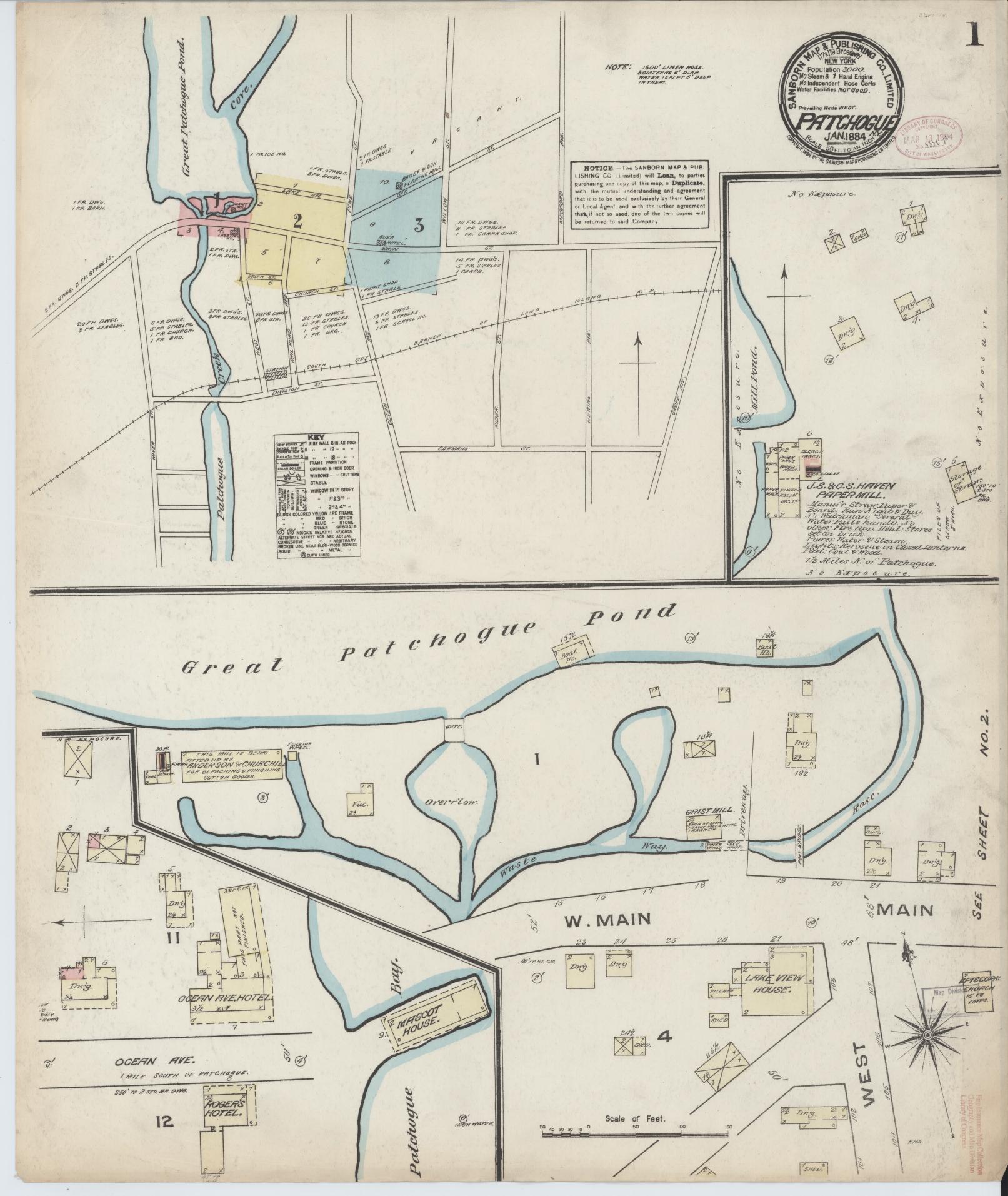 Sanborn Fire Insurance Map from Patchogue, Suffolk County, New York (1884), Sheet #0001 - Historic Sanborn Fire Insurance Map Print, vintage old map wall art, antique decor, genealogy gift, New York New York map