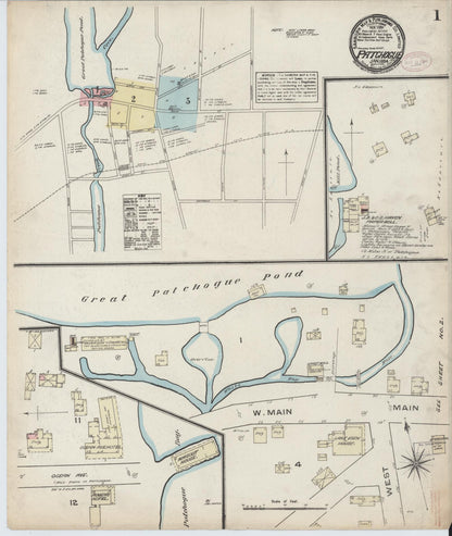 Sanborn Fire Insurance Map from Patchogue, Suffolk County, New York (1884), Sheet #0001 - Historic Sanborn Fire Insurance Map Print, vintage old map wall art, antique decor, genealogy gift, New York New York map