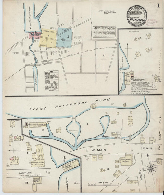 Sanborn Fire Insurance Map from Patchogue, Suffolk County, New York (1884), Sheet #0001 - Historic Sanborn Fire Insurance Map Print, vintage old map wall art, antique decor, genealogy gift, New York New York map