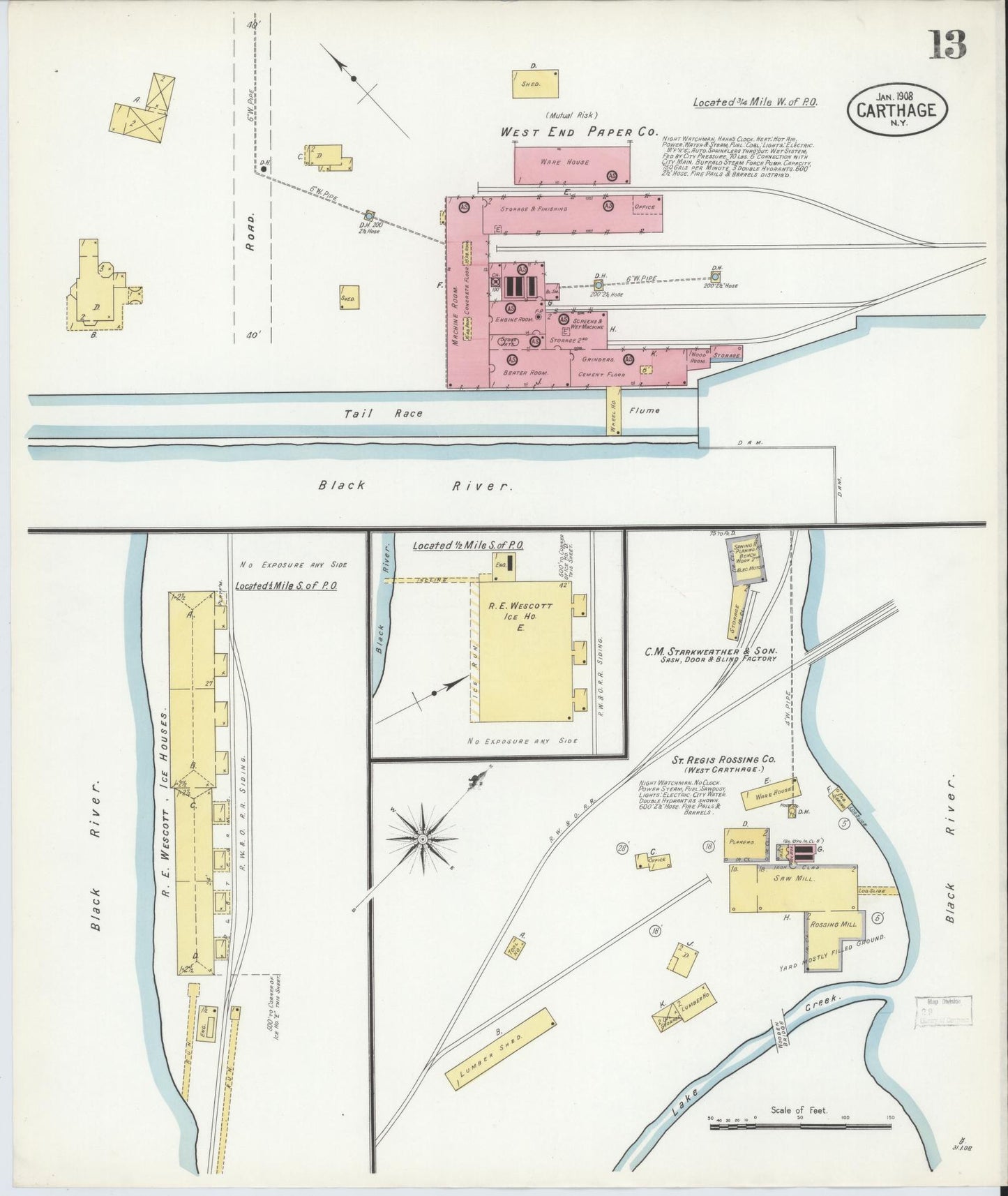 Sanborn Fire Insurance Map from Carthage, Jefferson County, New York (1908), Sheet #0013 - Historic Sanborn Fire Insurance Map Print, vintage old map wall art, antique decor, genealogy gift, New York New York map
