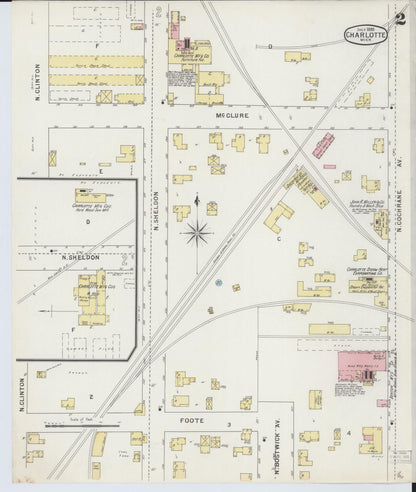 Sanborn Fire Insurance Map from Charlotte, Eaton County, Michigan (1895), Sheet #0002 - Historic Sanborn Fire Insurance Map Print, vintage old map wall art, antique decor, genealogy gift, Michigan Michigan map