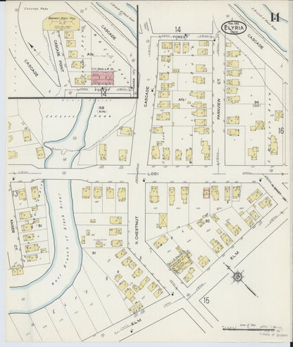 Sanborn Fire Insurance Map from Elyria, Lorain County, Ohio (1915), Sheet #0014 - Historic Sanborn Fire Insurance Map Print, vintage old map wall art, antique decor, genealogy gift, Ohio Ohio map