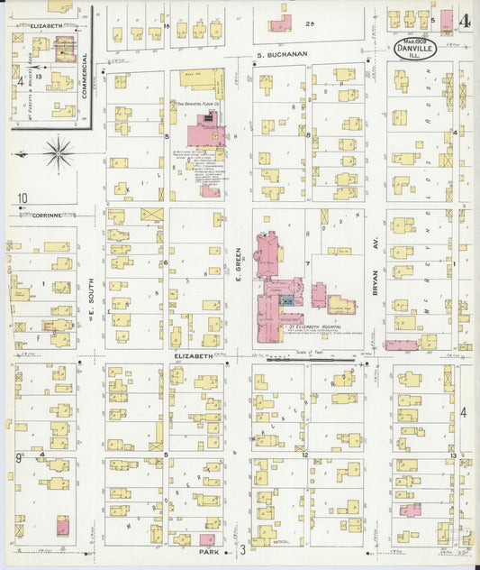 Sanborn Fire Insurance Map from Danville, Vermilion County, Illinois (1909), Sheet #0004 - Historic Sanborn Fire Insurance Map Print, vintage old map wall art, antique decor, genealogy gift, Illinois Illinois map
