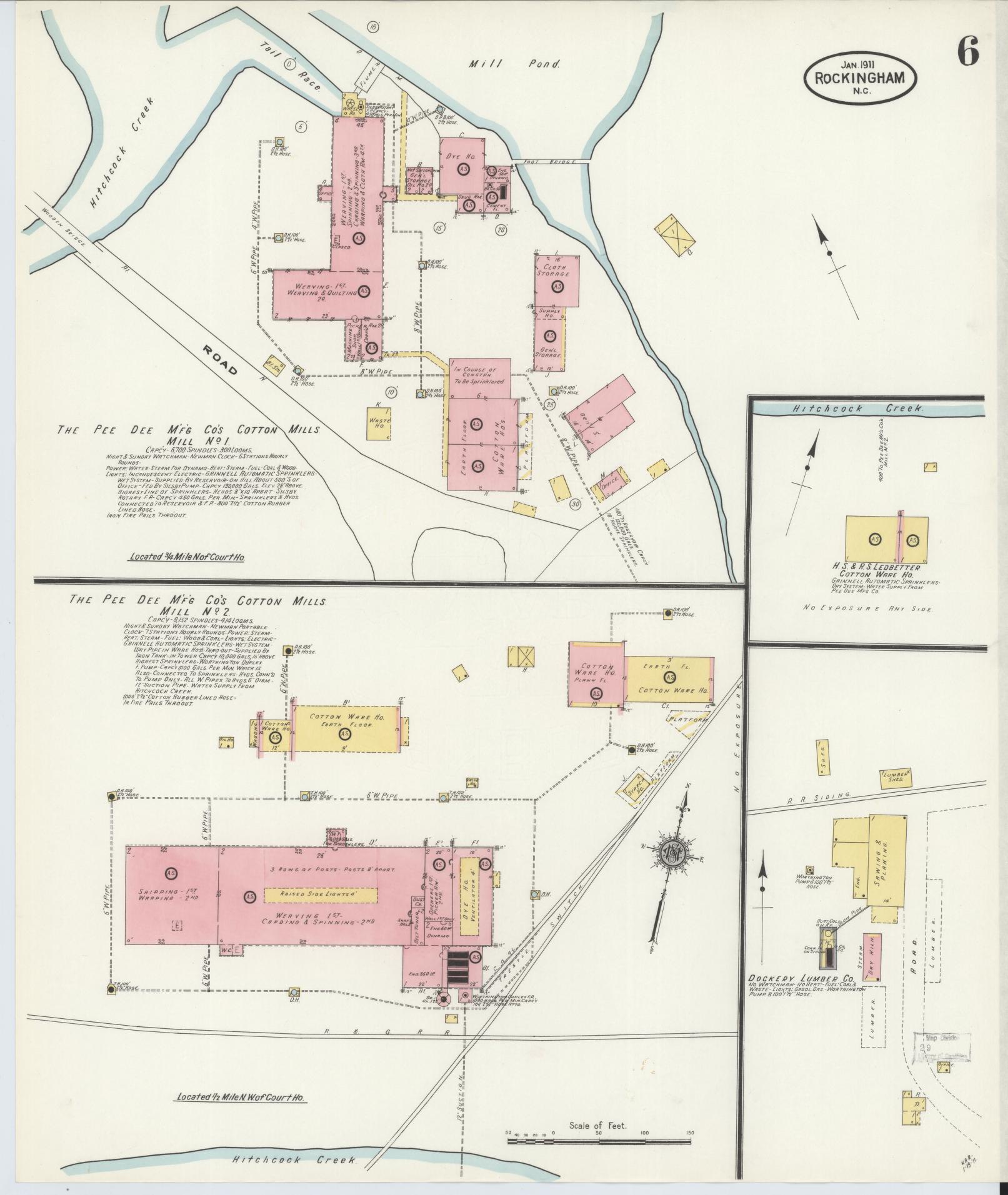 Sanborn Fire Insurance Map from Rockingham, Richmond County, North Carolina (1911), Sheet #0006 - Historic Sanborn Fire Insurance Map Print, vintage old map wall art, antique decor, genealogy gift, North Carolina North Carolina map