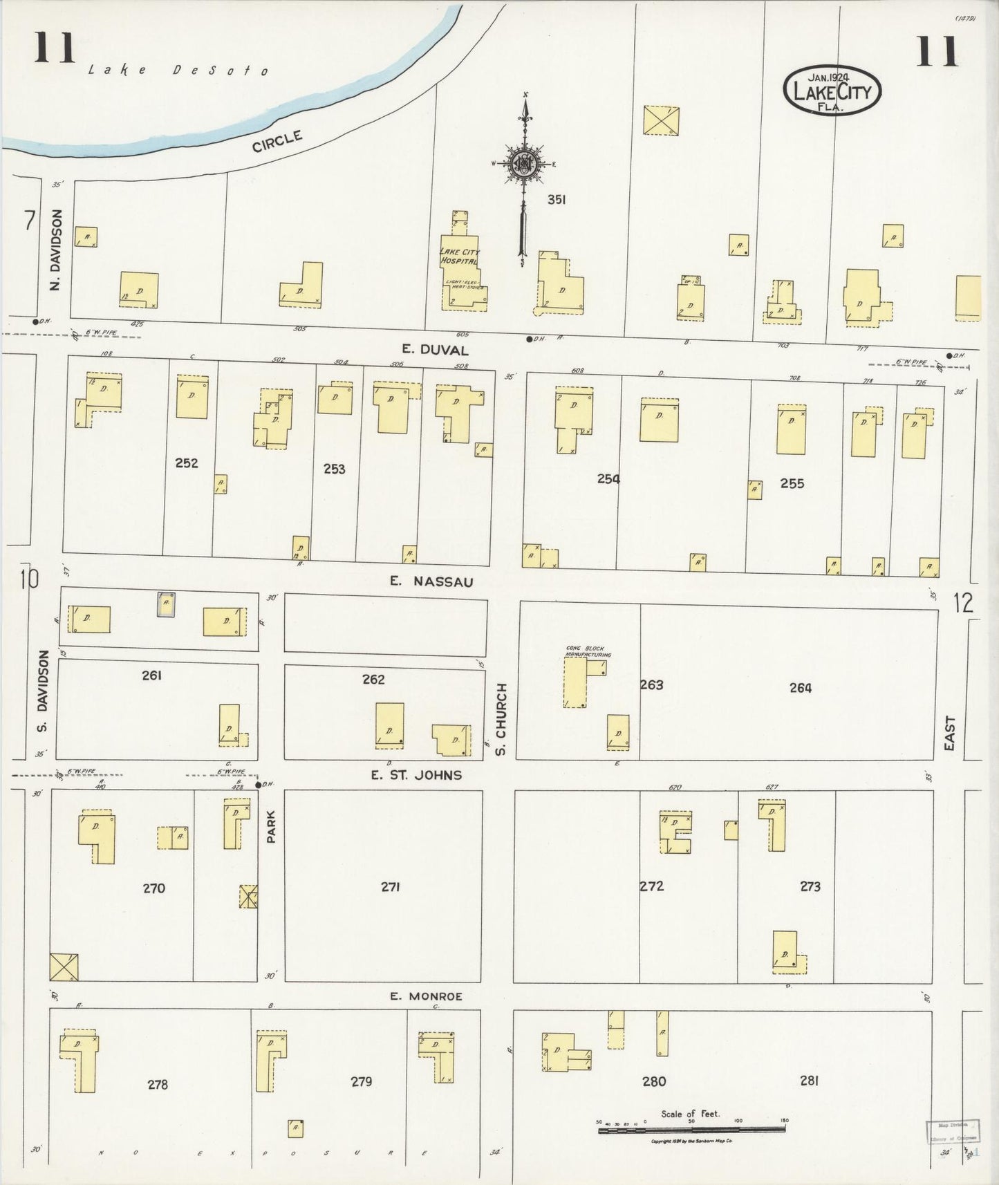 Sanborn Fire Insurance Map from Lake City, Columbia County, Florida (1924), Sheet #0011 - Complete Map Set gallery image, historic Sanborn map, vintage wall art, Florida Florida