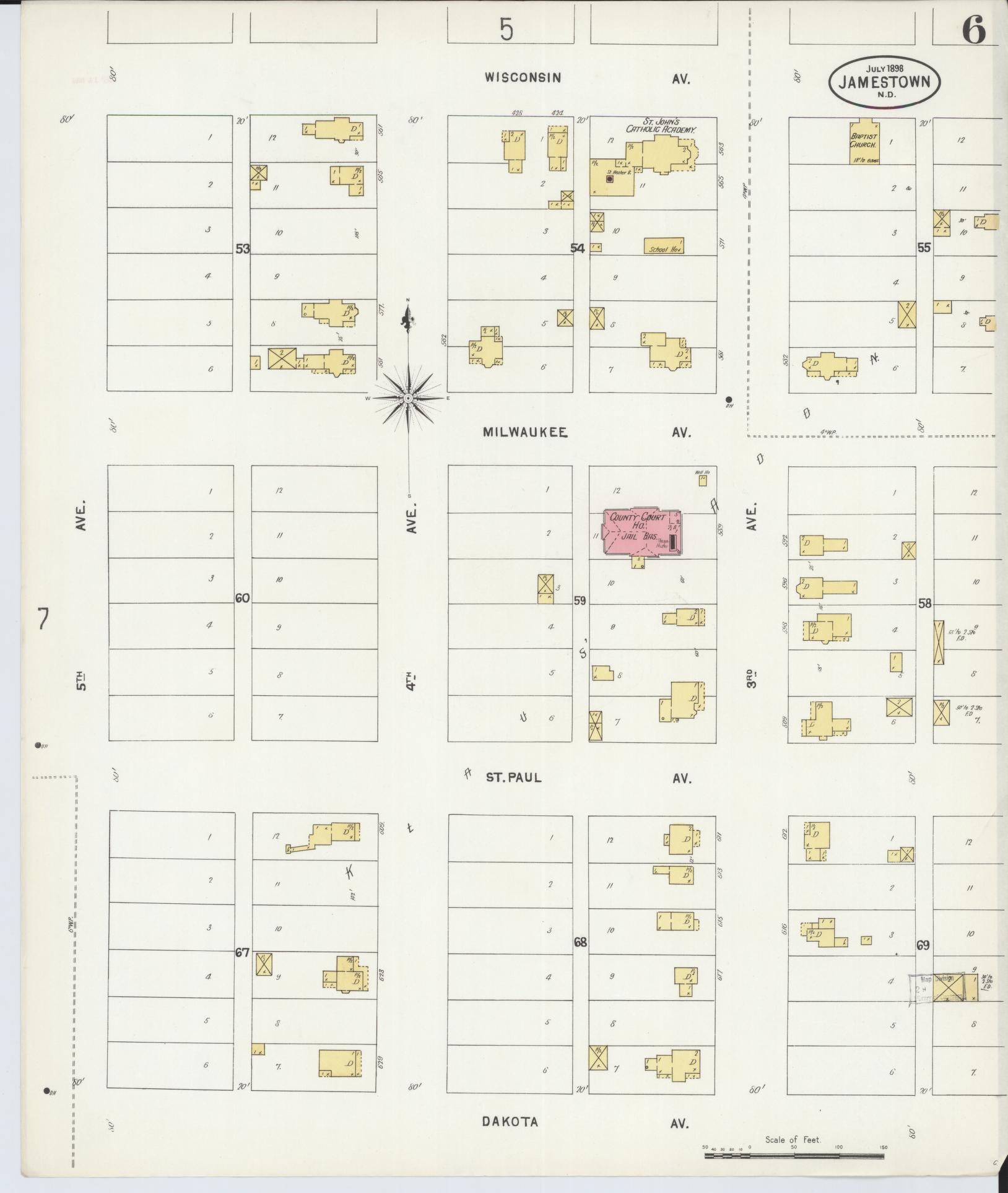 Sanborn Fire Insurance Map from Jamestown, Stutsman County, North Dakota (1898), Sheet #0006 - Complete Map Set gallery image, historic Sanborn map, vintage wall art, North Dakota North Dakota