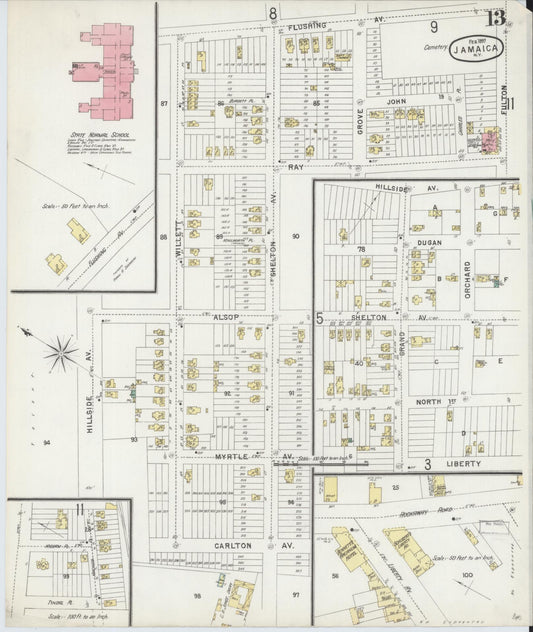 Sanborn Fire Insurance Map from Jamaica, Queens County, New York (1897), Sheet #0013 - Historic Sanborn Fire Insurance Map Print, vintage old map wall art, antique decor, genealogy gift, New York New York map