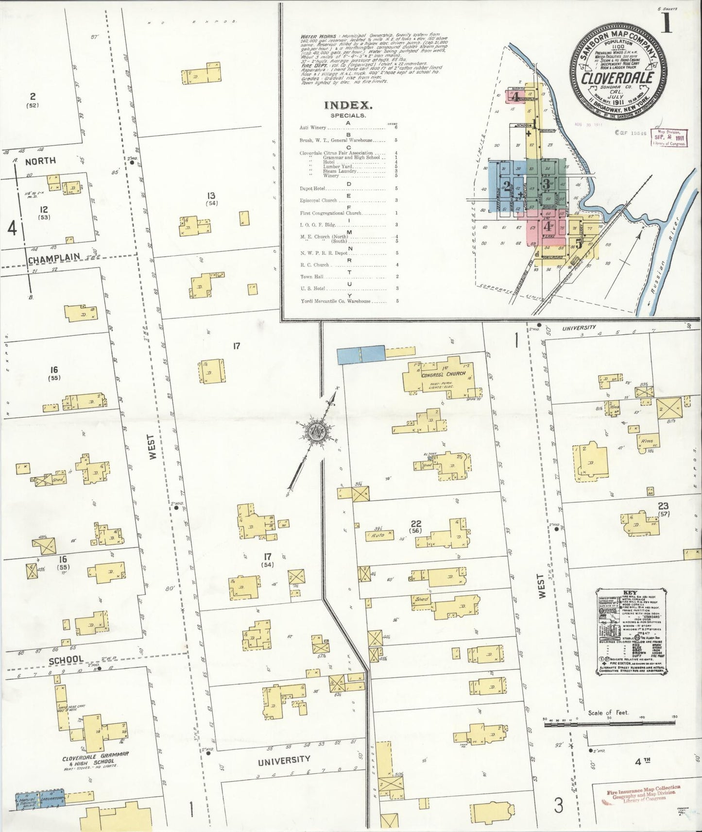 Sanborn Fire Insurance Map from Cloverdale, Sonoma County, California (1911), Sheet #0001 - Historic Sanborn Fire Insurance Map Print, vintage old map wall art, antique decor, genealogy gift, California California map