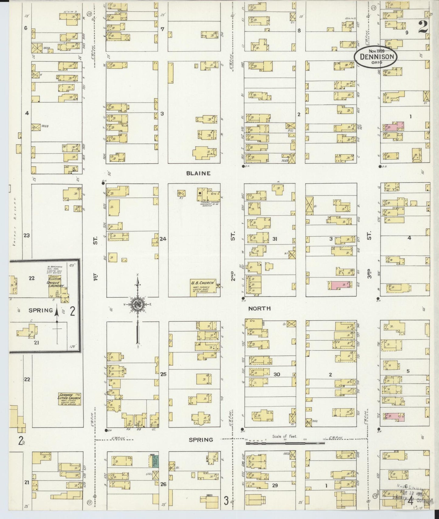 Sanborn Fire Insurance Map from Dennison, Tuscarawas County, Ohio (1909), Sheet #0002 - Historic Sanborn Fire Insurance Map Print, vintage old map wall art, antique decor, genealogy gift, Ohio Ohio map