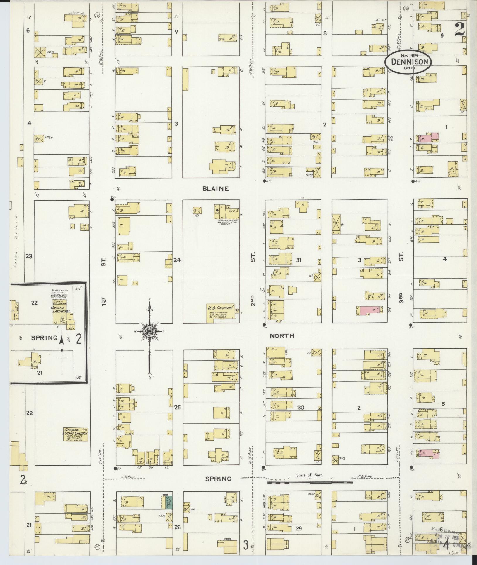 Sanborn Fire Insurance Map from Dennison, Tuscarawas County, Ohio (1909), Sheet #0002 - Historic Sanborn Fire Insurance Map Print, vintage old map wall art, antique decor, genealogy gift, Ohio Ohio map