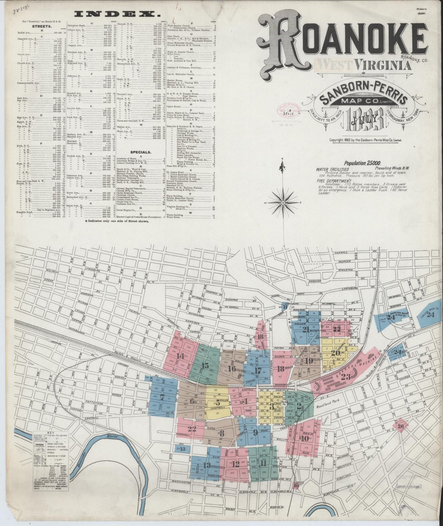 Sanborn Fire Insurance Map from Roanoke, Independent Cities, Virginia (1893), Sheet #0001 - Historic Sanborn Fire Insurance Map Print, vintage old map wall art, antique decor, genealogy gift, Virginia Virginia map