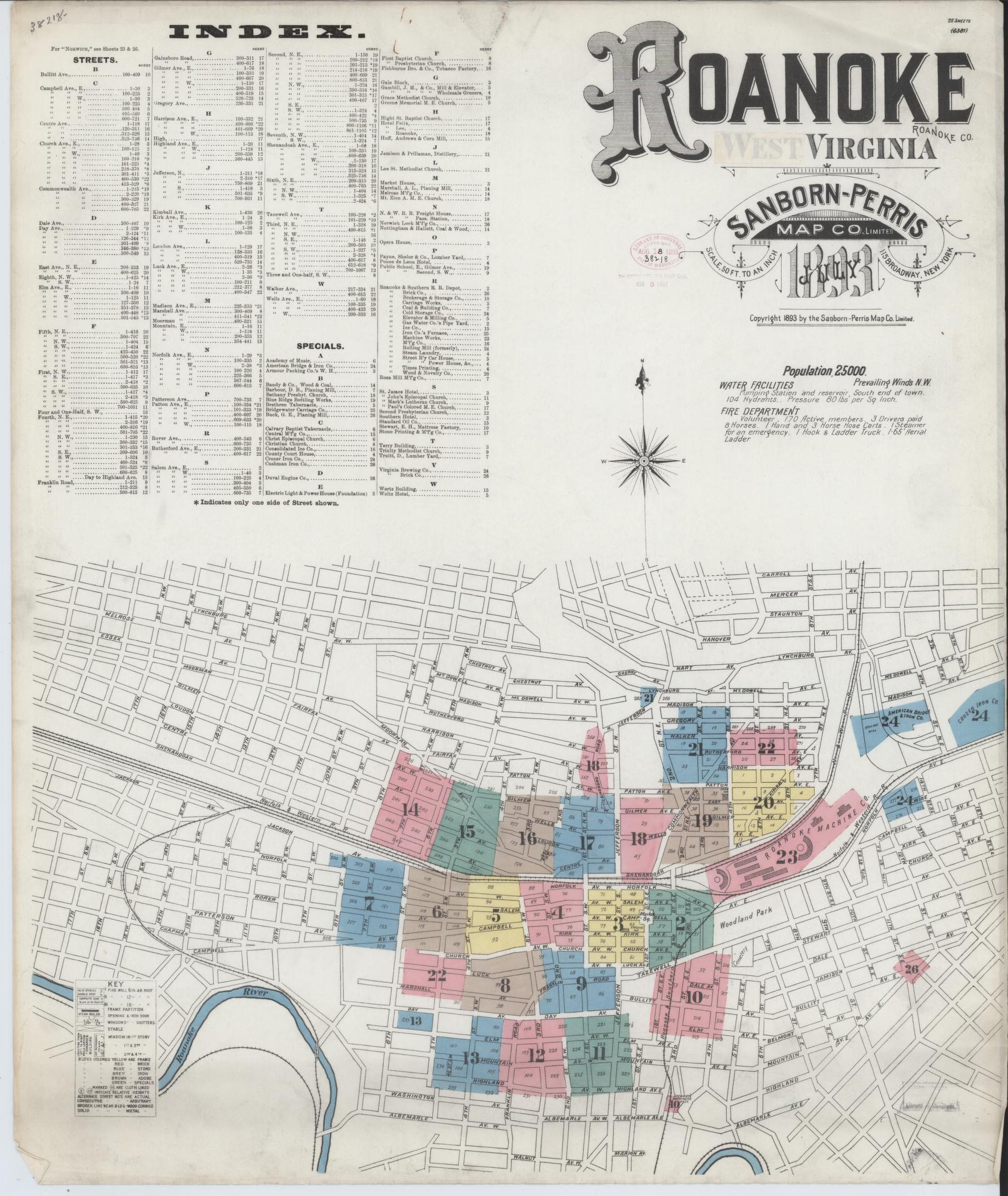 Sanborn Fire Insurance Map from Roanoke, Independent Cities, Virginia (1893), Sheet #0001 - Historic Sanborn Fire Insurance Map Print, vintage old map wall art, antique decor, genealogy gift, Virginia Virginia map