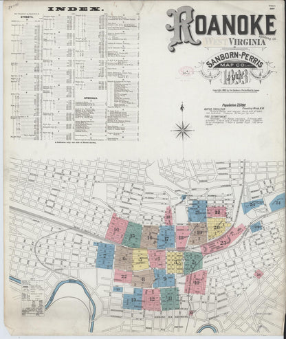 Sanborn Fire Insurance Map from Roanoke, Independent Cities, Virginia (1893), Sheet #0001 - Historic Sanborn Fire Insurance Map Print, vintage old map wall art, antique decor, genealogy gift, Virginia Virginia map