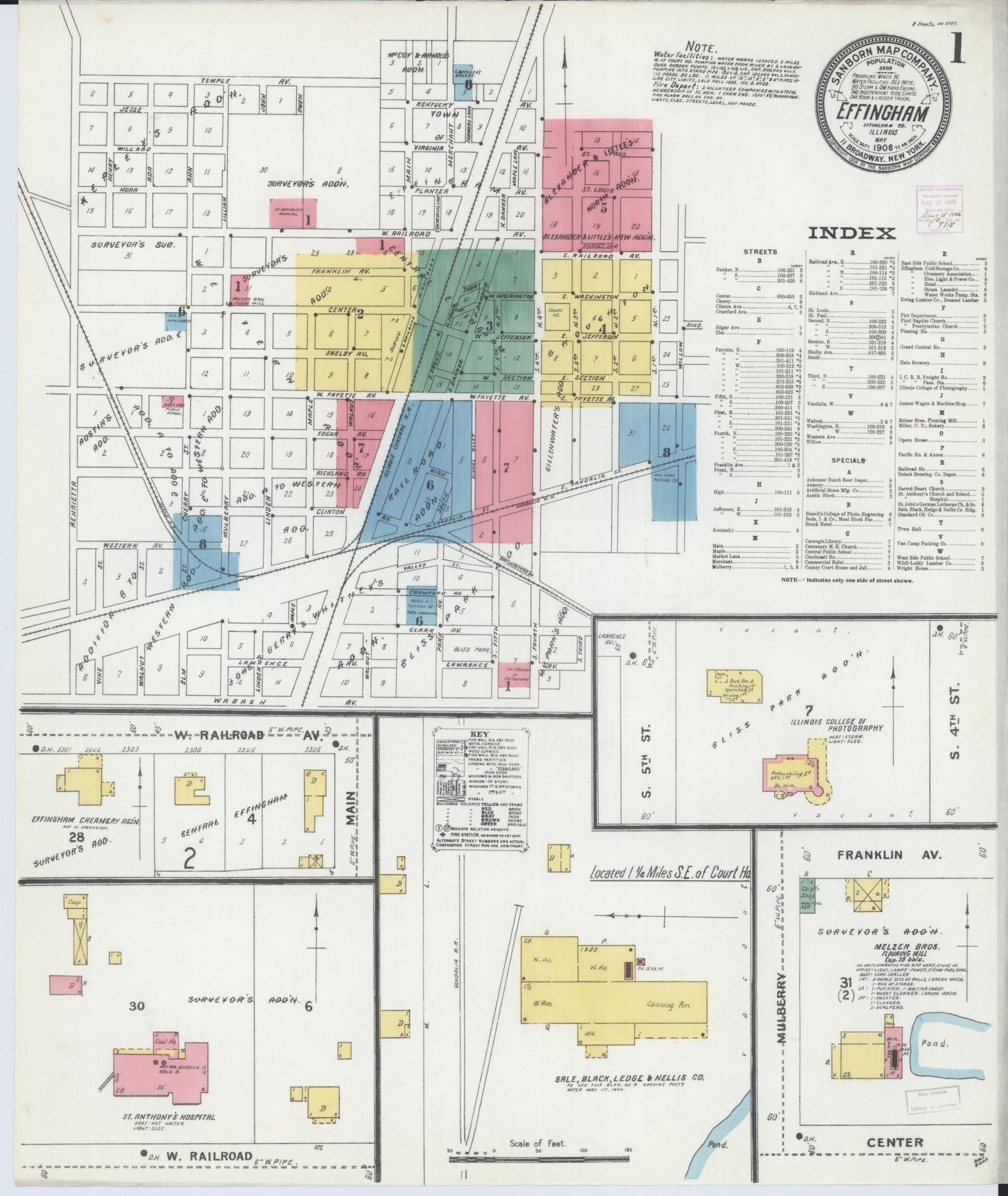 Sanborn Fire Insurance Map from Effingham, Effingham County, Illinois (1906), Sheet #0001 - Historic Sanborn Fire Insurance Map Print, vintage old map wall art, antique decor, genealogy gift, Illinois Illinois map