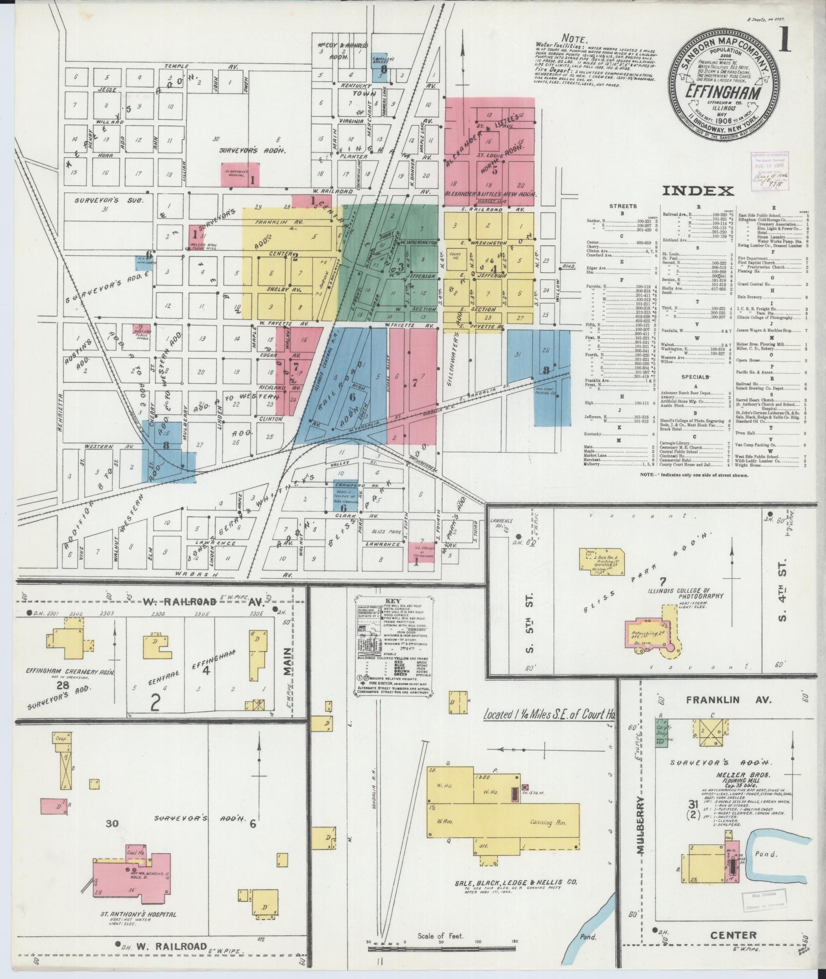 Sanborn Fire Insurance Map from Effingham, Effingham County, Illinois (1906), Sheet #0001 - Historic Sanborn Fire Insurance Map Print, vintage old map wall art, antique decor, genealogy gift, Illinois Illinois map