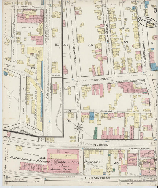 Sanborn Fire Insurance Map from Pottsville, Schuylkill County, Pennsylvania (1885), Sheet #0005 - Historic Sanborn Fire Insurance Map Print, vintage old map wall art, antique decor, genealogy gift, Pennsylvania Pennsylvania map