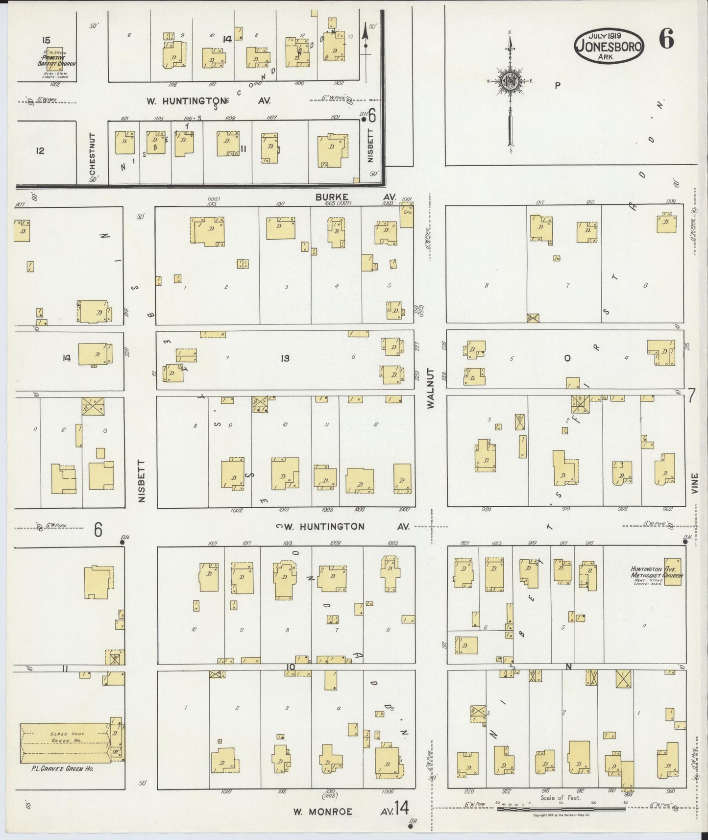 Sanborn Fire Insurance Map from Jonesboro, Craighead County, Arkansas (1919), Sheet #0006 - Historic Sanborn Fire Insurance Map Print, vintage old map wall art, antique decor, genealogy gift, Arkansas Arkansas map
