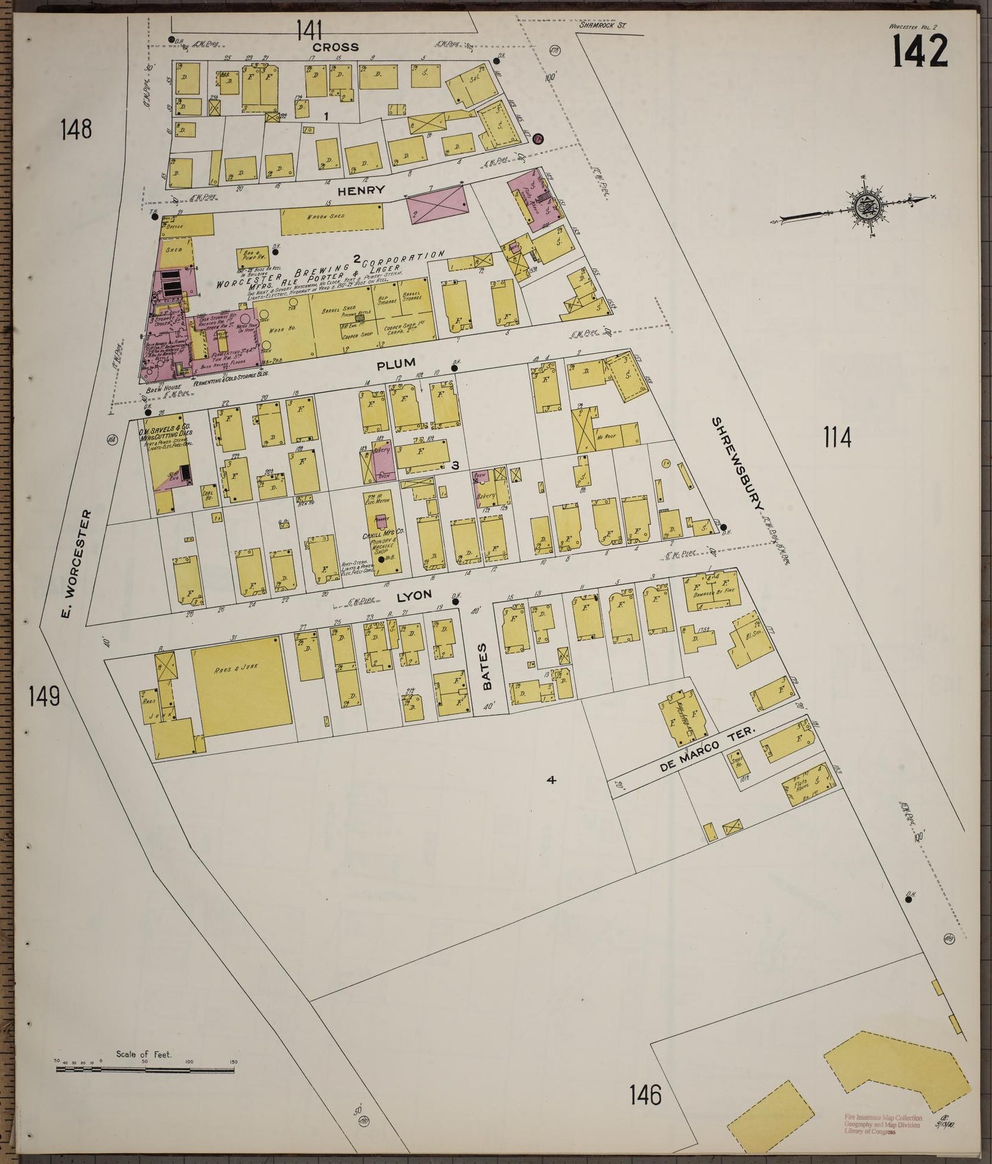 Sanborn Fire Insurance Map from Worcester, Worcester County, Massachusetts (1910), Sheet #0142 - Historic Sanborn Fire Insurance Map Print, vintage old map wall art, antique decor, genealogy gift, Massachusetts Massachusetts map