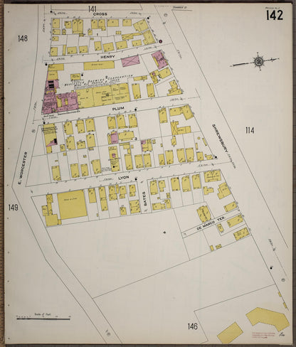 Sanborn Fire Insurance Map from Worcester, Worcester County, Massachusetts (1910), Sheet #0142 - Historic Sanborn Fire Insurance Map Print, vintage old map wall art, antique decor, genealogy gift, Massachusetts Massachusetts map