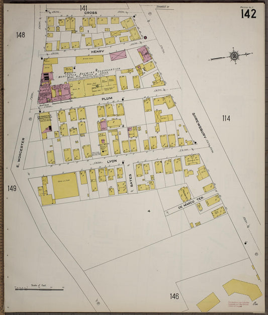 Sanborn Fire Insurance Map from Worcester, Worcester County, Massachusetts (1910), Sheet #0142 - Historic Sanborn Fire Insurance Map Print, vintage old map wall art, antique decor, genealogy gift, Massachusetts Massachusetts map