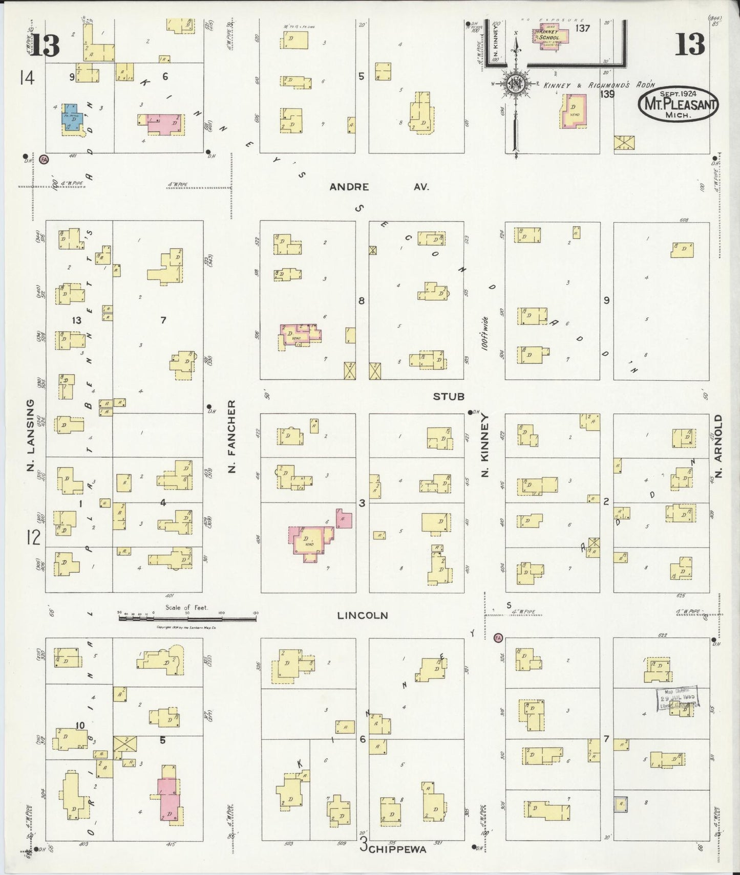 Sanborn Fire Insurance Map from Mount Pleasant, Isabella County, Michigan (1924), Sheet #0013 - Complete Map Set gallery image, historic Sanborn map, vintage wall art, Michigan Michigan