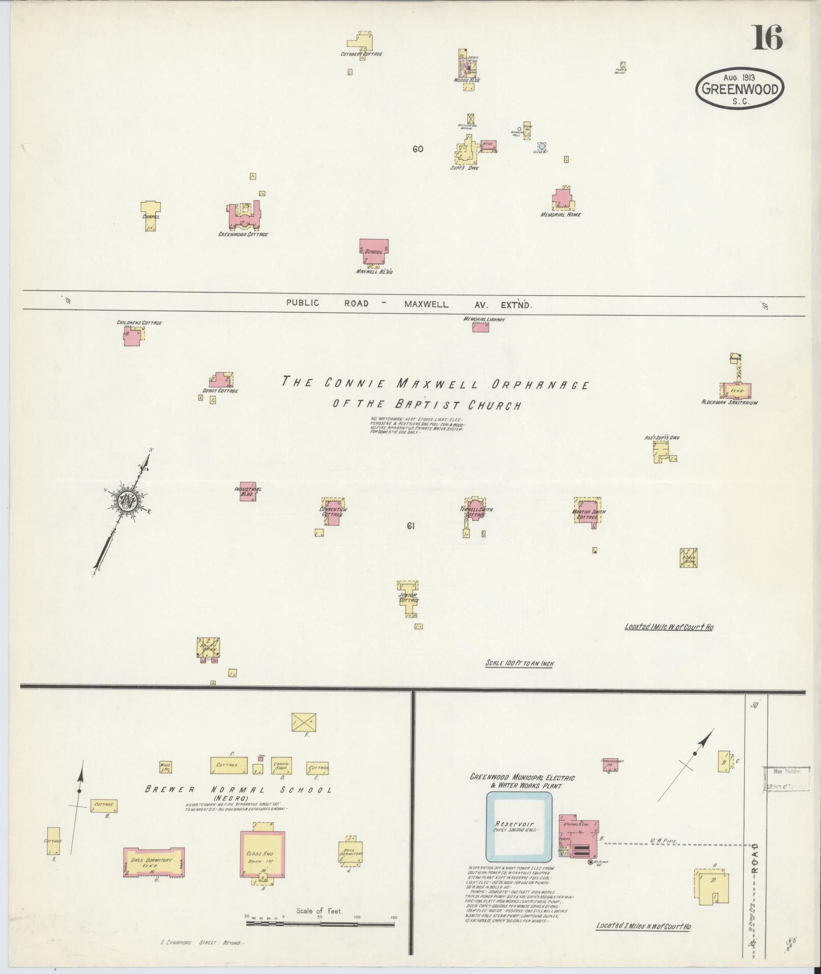 Sanborn Fire Insurance Map from Greenwood, Greenwood County, South Carolina (1913), Sheet #0016 - Historic Sanborn Fire Insurance Map Print, vintage old map wall art, antique decor, genealogy gift, South Carolina South Carolina map
