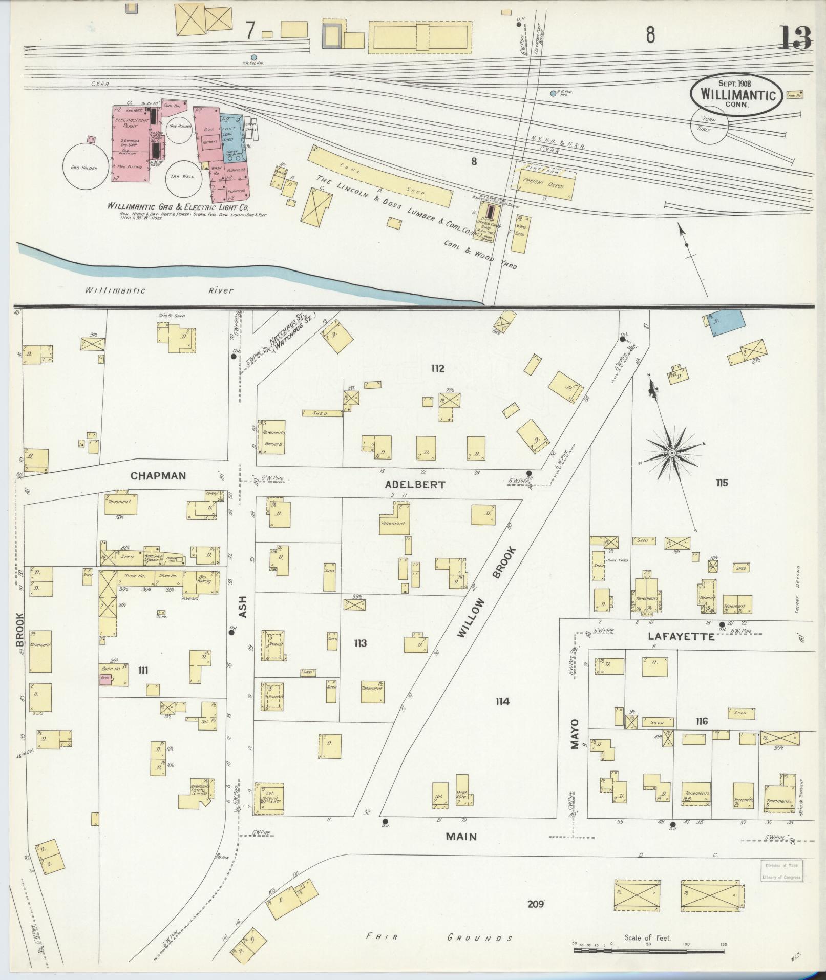 Sanborn Fire Insurance Map from Willimantic, Windham County, Connecticut (1908), Sheet #0013 - Historic Sanborn Fire Insurance Map Print, vintage old map wall art, antique decor, genealogy gift, Connecticut Connecticut map