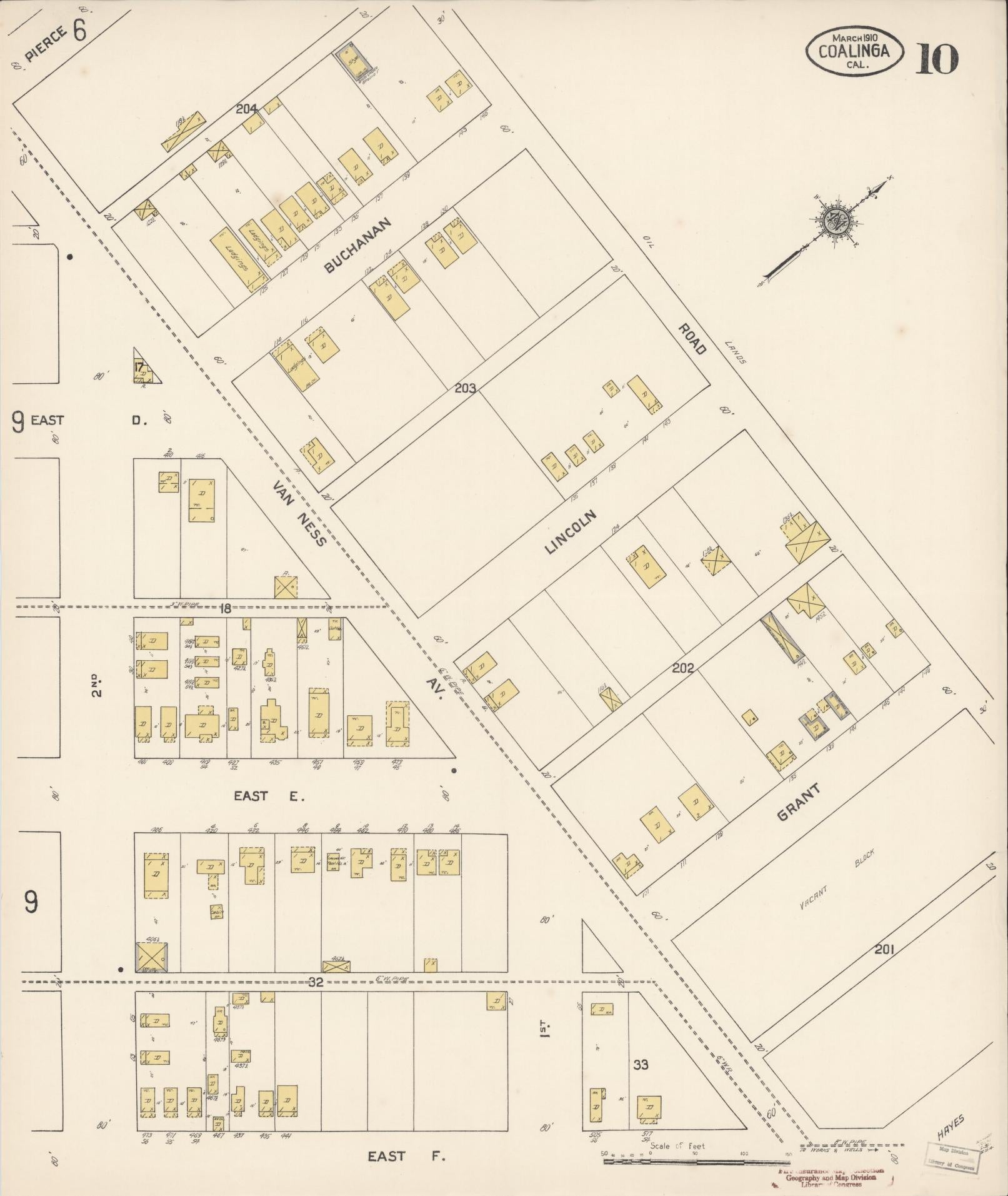 Sanborn Fire Insurance Map from Coalinga, Fresno County, California (1910), Sheet #0010 - Complete Map Set gallery image, historic Sanborn map, vintage wall art, California California