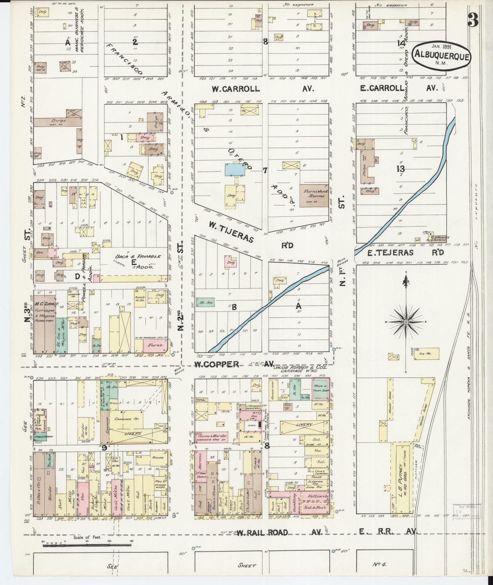 Sanborn Fire Insurance Map from Albuquerque, Bernalillo County, New Mexico (1891), Sheet #0003 - Complete Map Set gallery image, historic Sanborn map, vintage wall art, New Mexico New Mexico