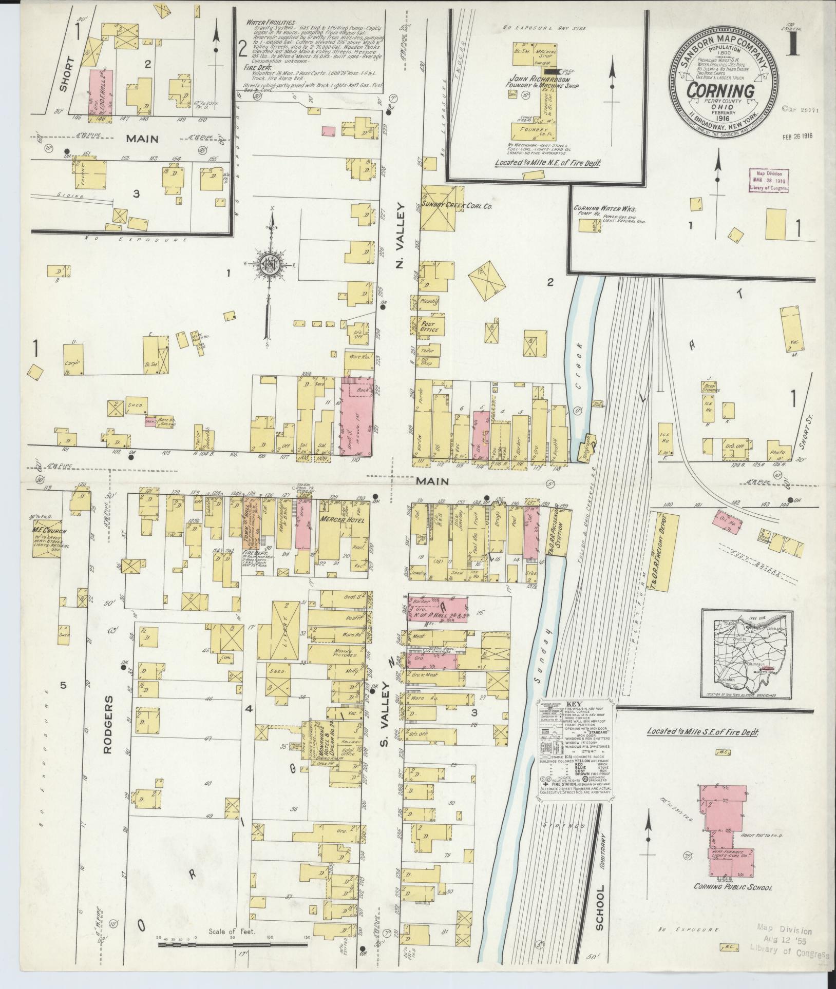 Sanborn Fire Insurance Map from Corning, Perry County, Ohio (1916), Sheet #0001 - Complete Map Set gallery image, historic Sanborn map, vintage wall art, Ohio Ohio
